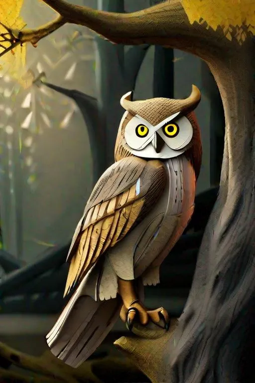 Prompt: A wise owl with large, yellow eyes and a wingspan of ten feet, perched on a branch of an ancient tree.