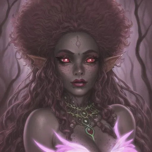 Prompt: woman in 4k, 4k wallpaper, fairy woman in the cursed forest, red eyes, black skin, full lips, afro hair with scary flowers, freckles, realistic portrait, glowing skin, surrounded by dark magic, afro traits,very good quality, details, terror, evil and beauty, 