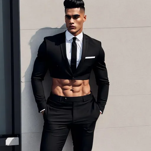 Prompt: man with abs wearing a crop top black suit and tie