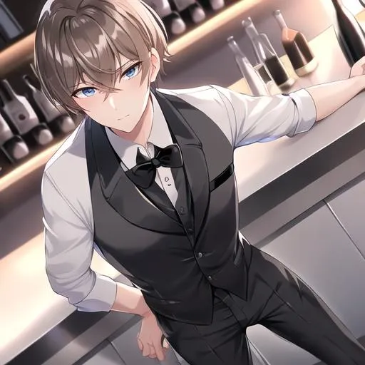 Prompt: Alex 1male. Short light brown hair. Soft and mesmerizing light grey eyes. Wearing a sleek black button-up shirt, paired with tailored black pants and shiny leather shoes. He completes the look with a stylish black vest and a classic black bow tie. UHD, 8K, standing behind a bar counter, blushing