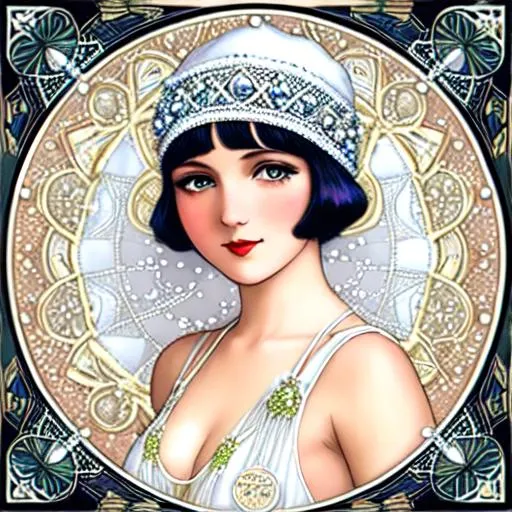 Prompt: EPIC PERSPECTIVE. Art nouveau style. Flapper Girl in full flapper style, beaded and fringed, all white, mini dress with flapper style beanie cap with white beaded fringe with lovely face. haute couture circa 1920. Digital art very intricate art nouveau 