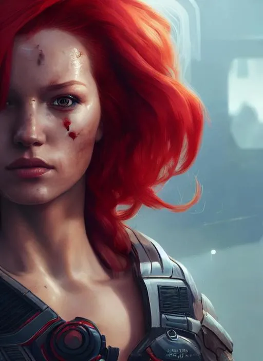 Prompt: Portrait of female bounty hunter with red hair and with cute face, futuristic background, full shot,  perfect composition, hyperrealistic, super detailed, 8k, high quality, trending art, trending on artstation, sharp focus, studio photo, intricate details, highly detailed, by greg rutkowski