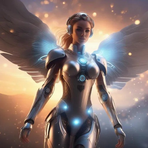 Prompt: Splash art, with swirling magical lights and dense fog, intricately detailed, full body, ultra-realistic, 3D Rendered image. Focused on an enticing, alluring, highly detailed, Futuristic female angel robot, facing the camera, Sunset lighting