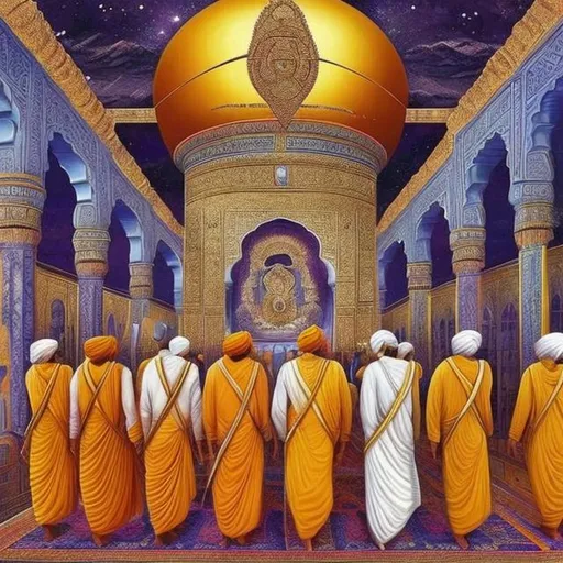 Prompt: All 10 sikh gurus lined up alongside the eternal Sikh guru Granth sahib jee, futuristic 64 k art, entire Sikh civilization
