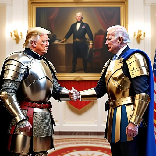 Prompt: one Donald Trump and one Joe Biden, they wear medieval armor with their own name, they are fighting inside the U.S. Senate, Russian president Putin is nearby, many other senators are watching this fight, a USA flag is at the top of image