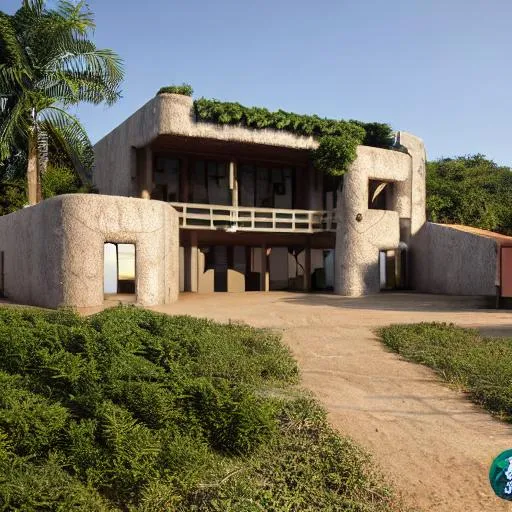 Prompt: sustainable inspired Congolese architecture with precolonial congolese art inspiration and Congolese minerals, volumetric natural light, ultra realistic, vray,  hd