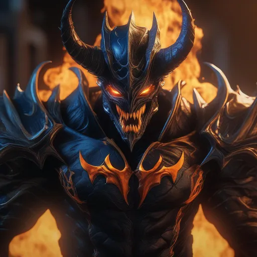 Prompt: a death knight with a Venom mouth (Venom movie), with horns forward on his forehead, orange fire eyes, FULL BODY, Hyperrealistic, sharp focus, Professional, UHD, HDR, 8K, Render, electronic, dramatic, vivid, pressure, stress, nervous vibe, loud, tension, traumatic, dark, cataclysmic, violent, fighting, Epic