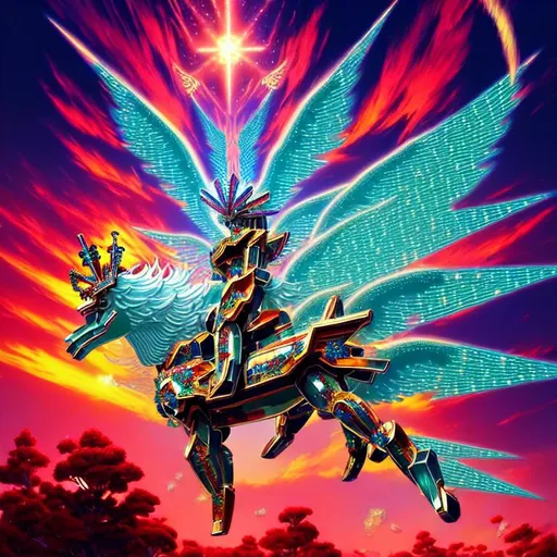 Prompt:  explosion of crystals, symmetric cross, highly detailed supreme gundam riding pegasus with ultimate aura, flying under red sky and big cross symbol, CROWned PEGASUS, luscious green forest , rhads, beeple,  alphonse mucha, clever global illumination, highly detailed and intricate environment CHURCH background crystals madhouse, akira toriyama,