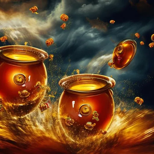 Prompt: honey pots flying through the air in a hurricane storm, swirling through the air