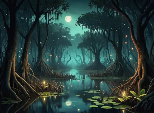 Prompt: Fantasy Illustration of a dense swampy mangrove forest, fireflys, nighttime