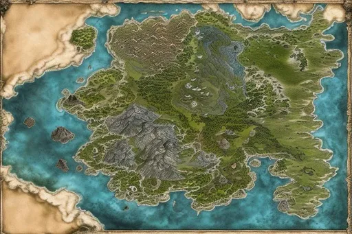 Prompt: highly detailed fantasy map, DND, water and land, 4K