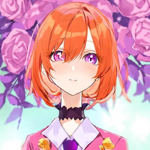 Prompt: Portrait of a cute girl with long, orange hair and purple eyes wearing a pink suit and surrounded by flowers 