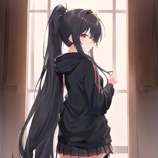 Prompt: masterpiece, best quality, girl, high ponytail, hair over shoulder, absurdly long hair, very long hair, long hair, hoodie , pleated_skirt, skirt, black kneehighs, 