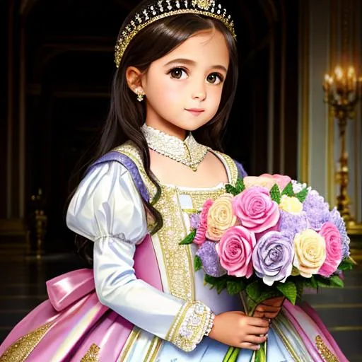 Prompt: sweet 5 year old girl wearing royal costume and holding a large flower, soft pastel color, detailed, 8k