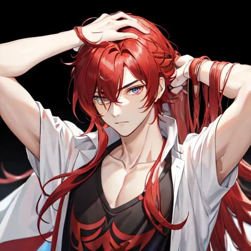 Prompt: Zerif 1male (Red side-swept hair covering his right eye) hand in his hair, tugging at his shirt