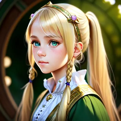 Prompt: a blonde hair, pigtails, innocent looking, Novi grad, 12 years old cute girl, green eyes, beautiful exquisite imaginative exciting, full pose with relaxed pose, medieval clothes, by roan jia, tom Bagshaw, Alphonse Mucha, Krenz lovely girl beautiful, dnd token, vray render, artstation, deviantart, pinterest, 5 0 0 px models, evening
