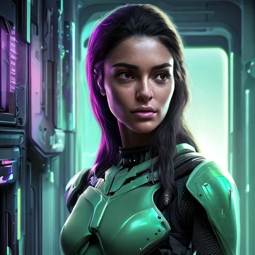Prompt: photo realistic, super detailed, woman with Iranian features and dark hair in a head scarf, pretty face, In futuristic storage bay, wearing futuristic dark green body protection vest over whole torso, no sleeves bare arms, purple shorts bare legs, perfect composition, hype realistic, super detailed, 8k, high quality, trending art, trending on artstation, sharp focus, studio photo, intricate details, highly detailed, by greg rutkowski