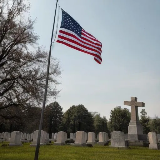 Prompt: a flag waving over the tombstone of a soldier