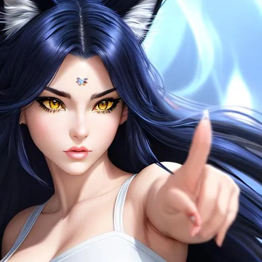 Prompt: A female neko in fighting pose, intricate facial detail, hyperrealistic full body pose, hyperrealistic ethereal, dark blue and long hair, white lynx ears, sharp jaw, hyperrealistic golden cat eyes , hyperrealistic human nose, hyperrealistic lips, ethereal, divine, hyperrealistic face, hyperrealistic pale skin, intricate eye detail, pale skin, (dark blue latex outfit), fringeless, forehead showing, highly detailed concept art, high resolution scan, hd octane render, intricate detailed, highly detailed face, unreal engine, trending on artstation, UHD, 8k, Very detailed
