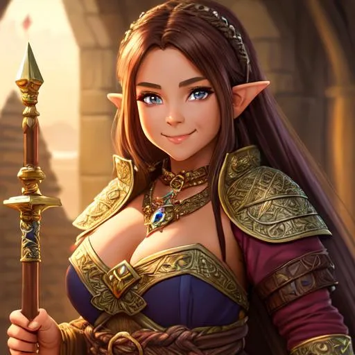 Prompt: oil painting, D&D fantasy, dwarf girl, tanned-skinned-female, beautiful, short bright dirty brown hair, straight hair, smiling, pointed ears, looking at the viewer, cleric wearing intricate adventurer outfit, #3238, UHD, hd , 8k eyes, detailed face, big anime dreamy eyes, 8k eyes, intricate details, insanely detailed, masterpiece, cinematic lighting, 8k, complementary colors, golden ratio, octane render, volumetric lighting, unreal 5, artwork, concept art, cover, top model, light on hair colorful glamourous hyperdetailed medieval city background, intricate hyperdetailed breathtaking colorful glamorous scenic view landscape, ultra-fine details, hyper-focused, deep colors, dramatic lighting, ambient lighting god rays, flowers, garden | by sakimi chan, artgerm, wlop, pixiv, tumblr, instagram, deviantart