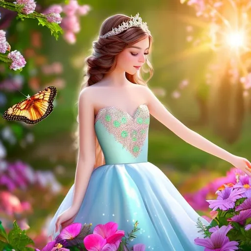 Prompt: beautiful princess in princess clothing with glimmering green eyes, freckles, touching butterfly, in beautiful forest and sunset background with all kinds of flowers and vegetation, photo reaslistic scene 