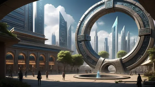 Prompt: magical portal between cities realms worlds kingdoms, circular portal, ring standing on edge, upright ring, freestanding ring, hieroglyphs on ring, complete ring, ancient persian architecture, gardens, hotels, office buildings, shopping malls, large wide-open city plaza, turned sideways view, futuristic cyberpunk tech-noir setting