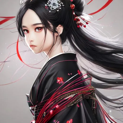 Prompt: 1 girl, masterpiece hyper realistic water color pastel mix, slender young beautiful small body, hyperdetailed luxury pattern black red off the shoulder fluffy short kimono with garnet ornament, black string knots, flying hyperdetailed fluffy black long hair, stray hairs, beautiful detailed face, beautiful detailed red eyes, beautiful hyperdetail, high resolution high quality best resolution...