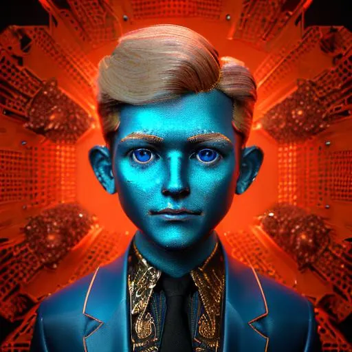 Prompt: intricate Art deco metal boy kid, sparkling blue eyes, blonde hair, metal, color, dimples, ornate, intricate, flowing, neon, led, fractals, hyper-detailed, 64K, UHD, HDR, unreal engine, vivid colors