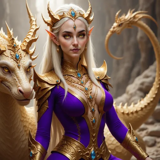 Prompt:  @VITLFRBSebJkkO8huw5E purple clothes, large crown, lots of jewelry, riding gold dragon