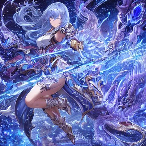 Prompt: Full-body detailed masterpiece, Realistic, fantasy art, Hyper detailed, Photo-realistic eyes, trails in the sky, blue moonlight background, flaming greatsword