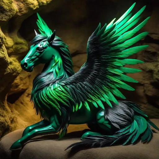 Prompt:  twisted pegasus animatronic hybrid, with focused emerald eyes. They identify as a Male. Emerald colored feathery wings and tail. dark Green ombre mane and tail, 4K, green haze, green and black coat, lying down in a cave, asleep, resting, highly detailed, artwork