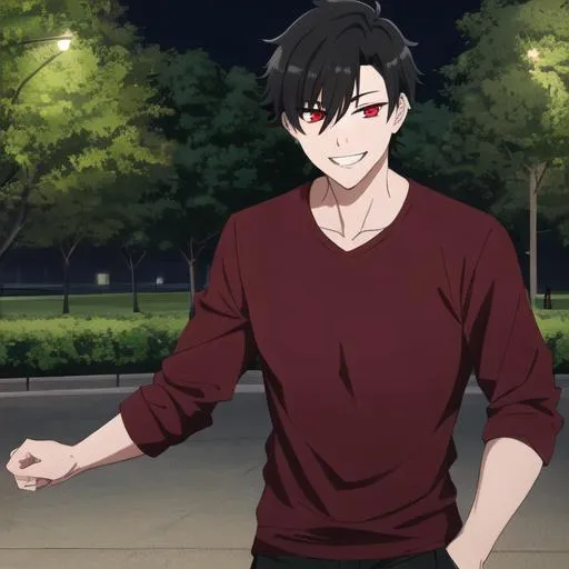 Prompt: Damien (male, short black hair, red eyes) in the park at night, grinning sadistically, casual outfit