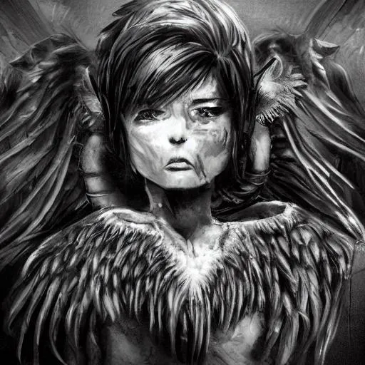Prompt: Charcoal artstyle Black and white Male, tired, weak, faceless fallen angel kid with broken halo and big black extended wings, pierced by a giant claymore sword, surrounded by falling black feathers and head cut off