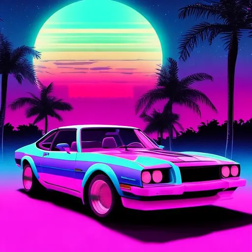 Prompt: retro car scene, miami, retrowave, neon, synthwave, vaporwave, highly detailed