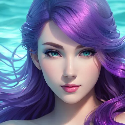 Prompt: a beautiful mermaid with pale skin and purple flowing hair is swimming under the sea,  4k,  facial closeup



