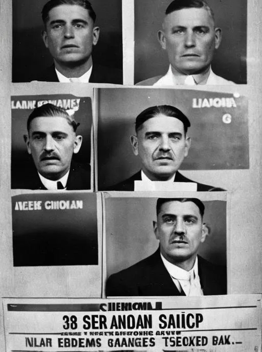 Prompt: Mugshot 1930s vintage gangland mob boss in suit. broken nose, slick back hair, photograph speed graphic film camera film grain. booking photo, mugshot