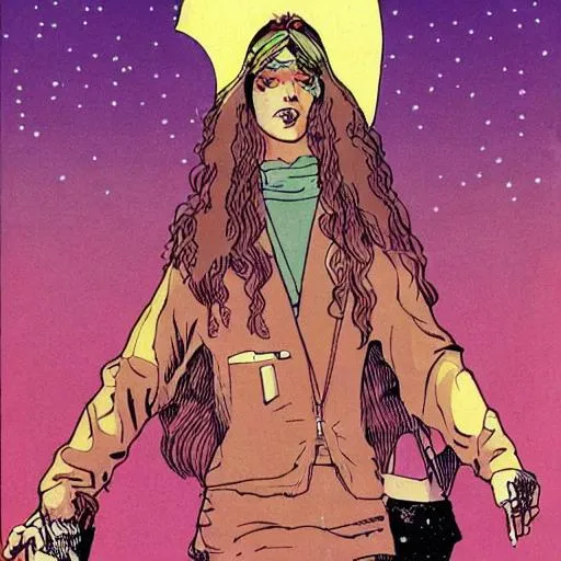 Prompt: 70 ´s   beautiful hippie girl is smoking joint. Use Moebius artstyle 