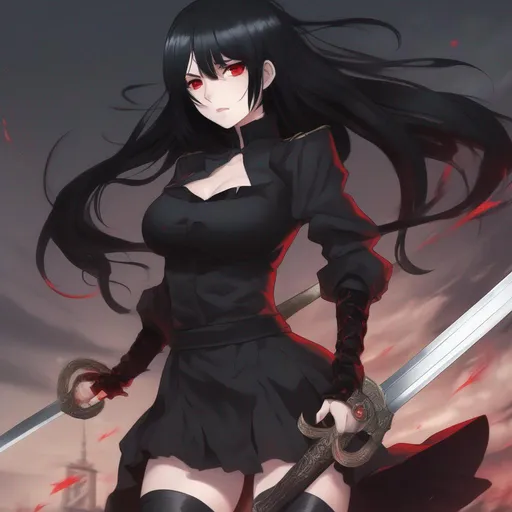 Prompt: Black_Shirt, Thigh Highs, Black Hair, Red_Eyes, Sword Woman, Necessary War and Death, Two-Ton Anime Dorien Gyandos March