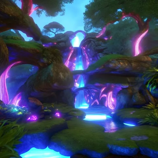 Prompt: Envision a glowing waterfall in a lush forest. Fantasy, another dimension. Hyperrealistic, UHD, HD, 8K, a portal rests besides the river