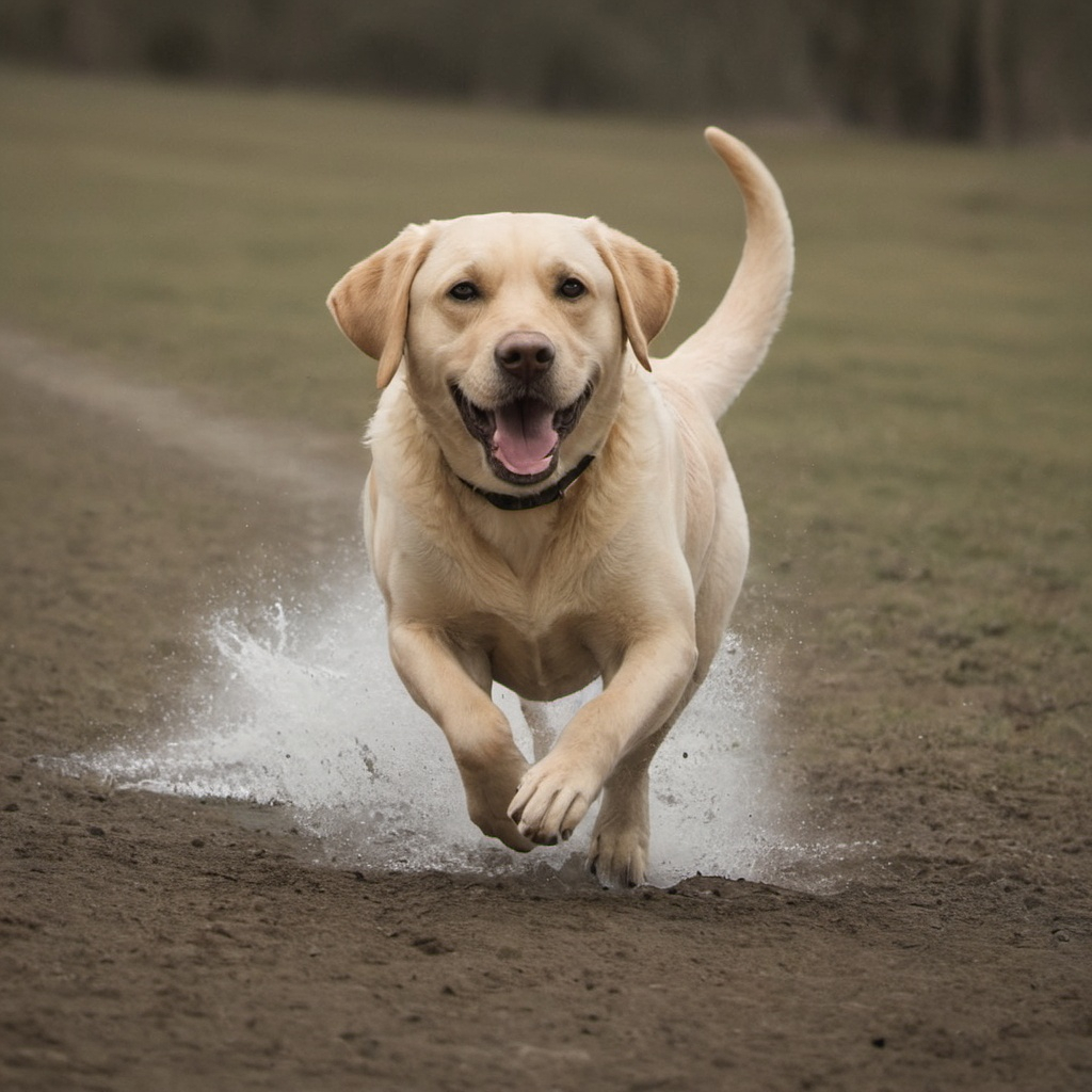 Golden Labrador chasing dinosaurs