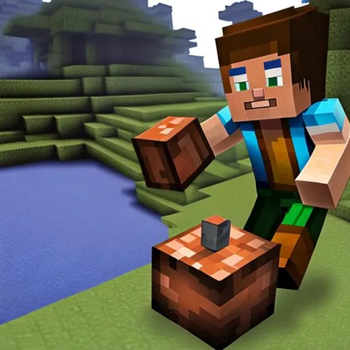 Prompt: character in minecraft finding iron ore block