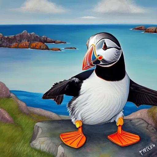 Prompt: Painting of a puffin doing physical therapy
