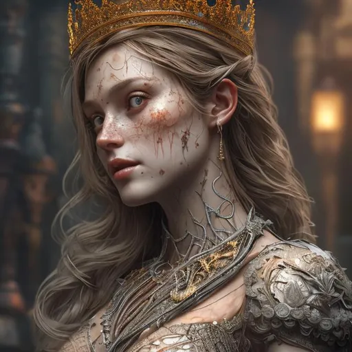 Prompt: create a photograph of beautiful fictional female with crown, extremely detailed environment, detailed background, intricate, detailed skin, natural colors , professionally color graded, photorealism, 8k, moody lighting