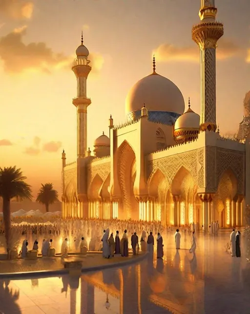 Prompt: The intricate latticework exterior of a grand mosque glows golden in the evening light. People gather at the entrance beneath soaring minarets. Wide landscape view captures modern architecture against an ancient city skyline. ,Rococo style, Rococo hairstyles, Rococo costumes, Rococo architecture, Rococo period 