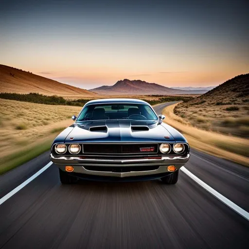 Prompt: Dodge Challenger 1975, big engine, driving, burning tires