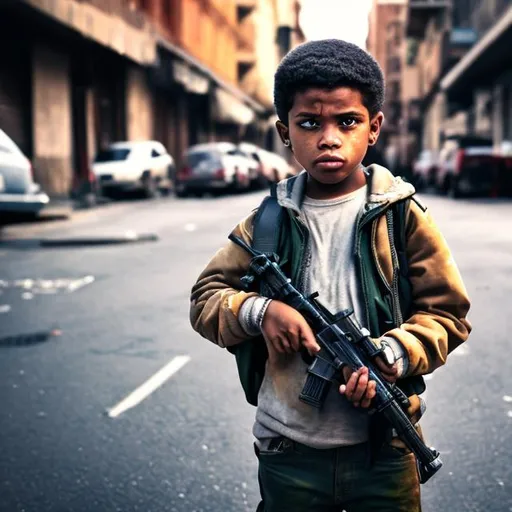 Prompt: kid in streets with a gun and money