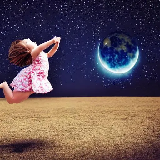 Prompt: A girl is jumping over the moon (as to illustrate overnight)
