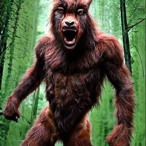Prompt: Hyper realistic Bipedal Goatman, or Weregoat, in forest, full moon, horror, terror, bodybuilding upper body Muscles , brown fur, with red eyes! Claws. 7 feet tall, and sinister, and battling Sasquatch! Vicious Hellhound. Evil 
