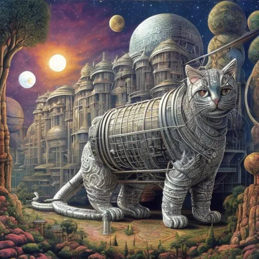 Prompt: giant silver cat playing a sitar, widescreen view, infinity vanishing point, in the style of Jacek Yerka