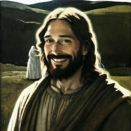 Prompt: UHD Jesus Christ smiling in the style of Andrew Wyeth